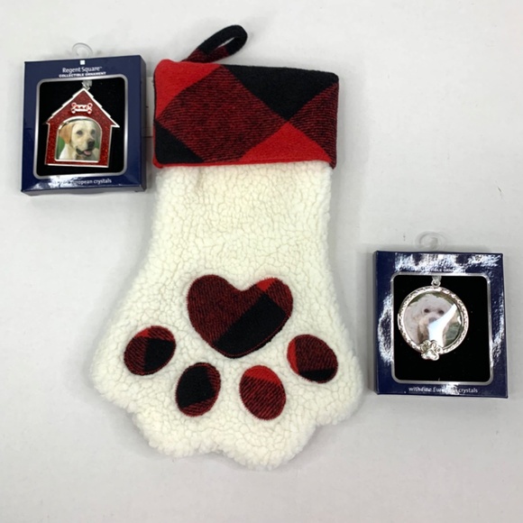 Dog Cat Paw red plaid Holiday Christmas Stocking & 2 Animal photo frame ornament - Picture 2 of 16
